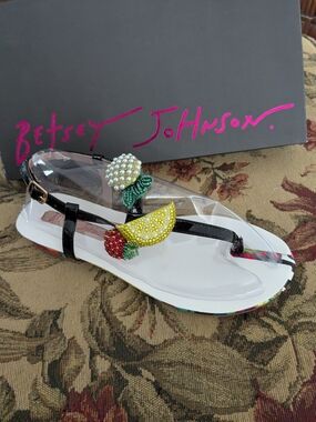 Betsey Johnson Women's Black  T-Strap Sandals with Fruit Bead Embellishment